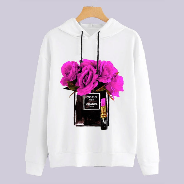 Women Perfume flowers Printed Hoodies Women harajuku 2019 Spring Autumn kawaii Long Sleeve Hooded Cartoon Sweatshirts Tops