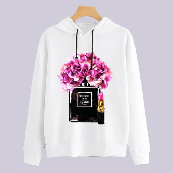 Women Perfume flowers Printed Hoodies Women harajuku 2019 Spring Autumn kawaii Long Sleeve Hooded Cartoon Sweatshirts Tops