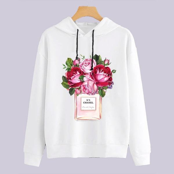 Women Perfume flowers Printed Hoodies Women harajuku 2019 Spring Autumn kawaii Long Sleeve Hooded Cartoon Sweatshirts Tops