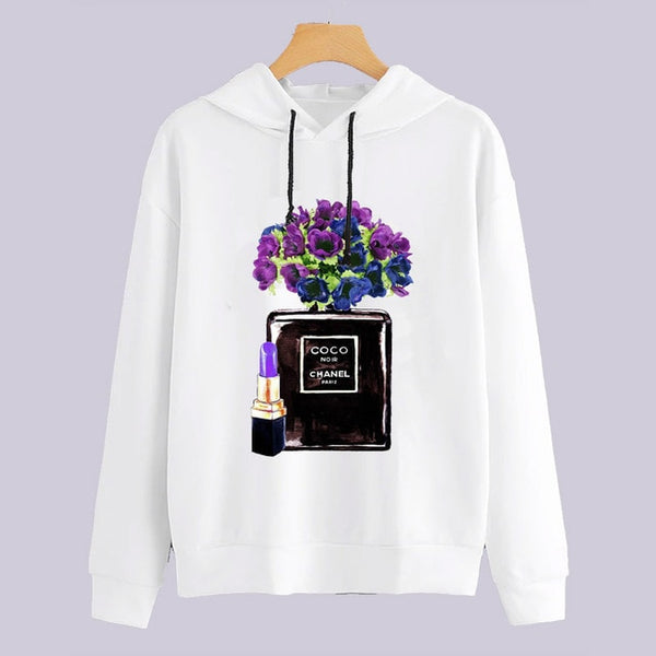 Women Perfume flowers Printed Hoodies Women harajuku 2019 Spring Autumn kawaii Long Sleeve Hooded Cartoon Sweatshirts Tops