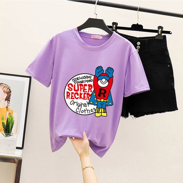 Women's Summer Harajuku Tops T-shirt Fashion Print Casual Short Sleeve Top Round Neck Loose Large Size Couple T-Shirt