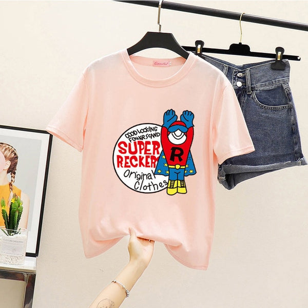 Women's Summer Harajuku Tops T-shirt Fashion Print Casual Short Sleeve Top Round Neck Loose Large Size Couple T-Shirt