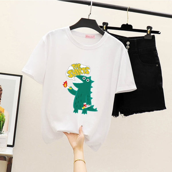 Women's Summer Harajuku Tops T-shirt Fashion Print Casual Short Sleeve Top Round Neck Loose Large Size Couple T-Shirt