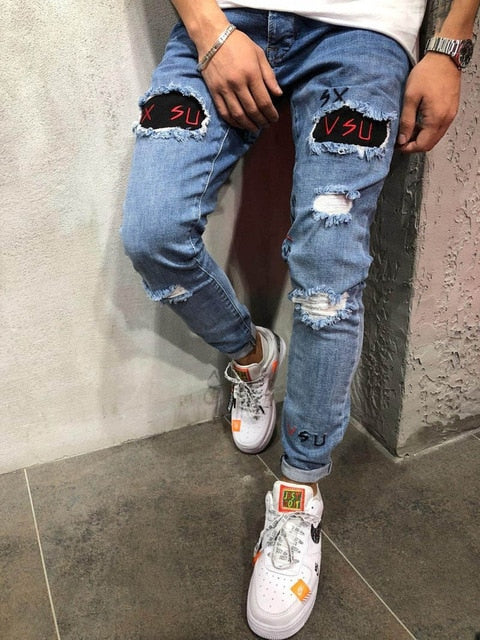 Men Stylish Ripped Jeans Pants Biker Slim Straight Hip Hop Frayed Denim Trousers New Fashion Skinny Jeans 2019 Men