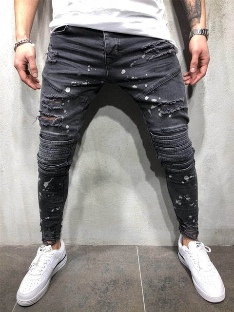 Men Stylish Ripped Jeans Pants Biker Slim Straight Hip Hop Frayed Denim Trousers New Fashion Skinny Jeans 2019 Men