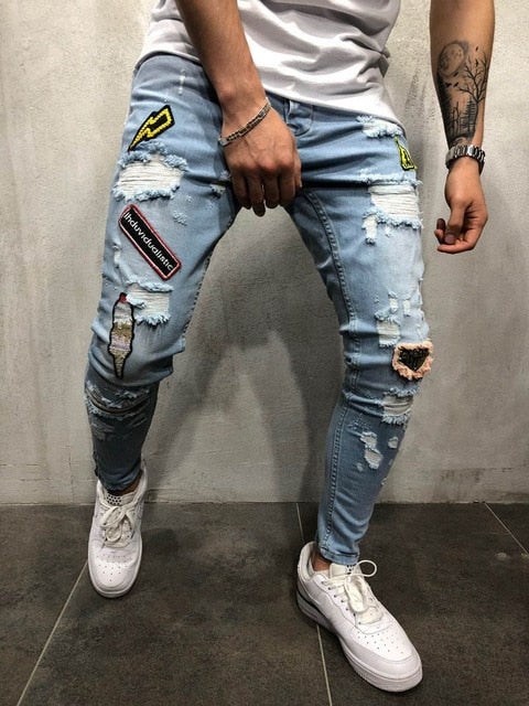 Men Stylish Ripped Jeans Pants Biker Slim Straight Hip Hop Frayed Denim Trousers New Fashion Skinny Jeans 2019 Men