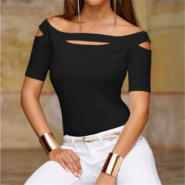 Sexy Fashion Slash Neck T-Shirts Stretch Short Sleeve Solid Color Women T Shirt Off Shoulder Hollow Out Slim Tops Tee New Summer